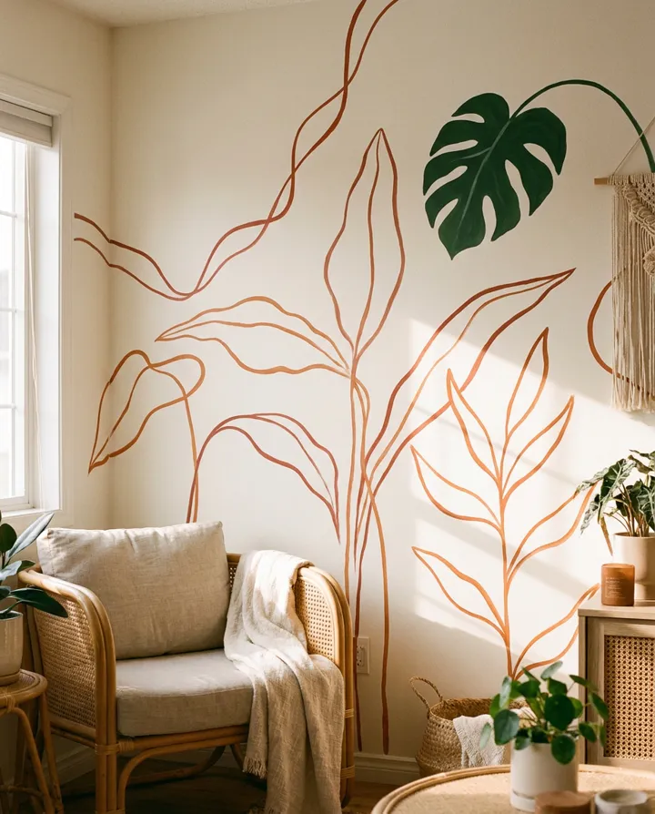 Mural de arte orgânica em sala de estar